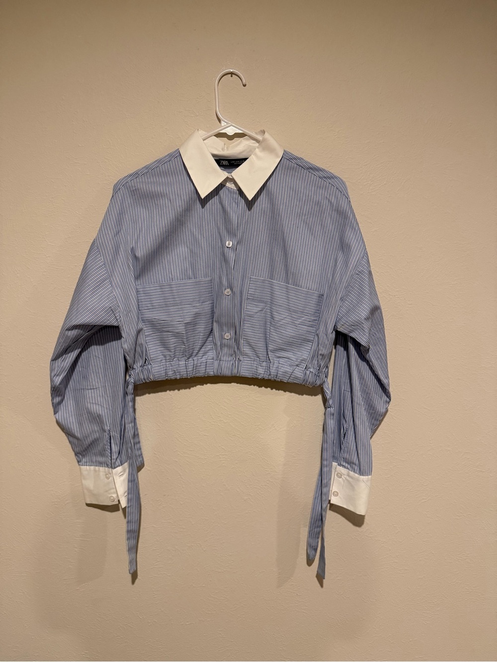 Zara Blue Pinstripe Cropped Button-Down Shirt with White Collar